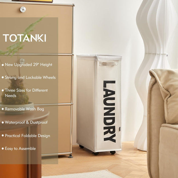 27 Large Slim Rolling Laundry Basket on Wheels with Removable Bag, Foldable Laundry Hamper with Handle, Collapsible Laundry Sorter and Organizer, Tall Storage Basket Bin (Blue)