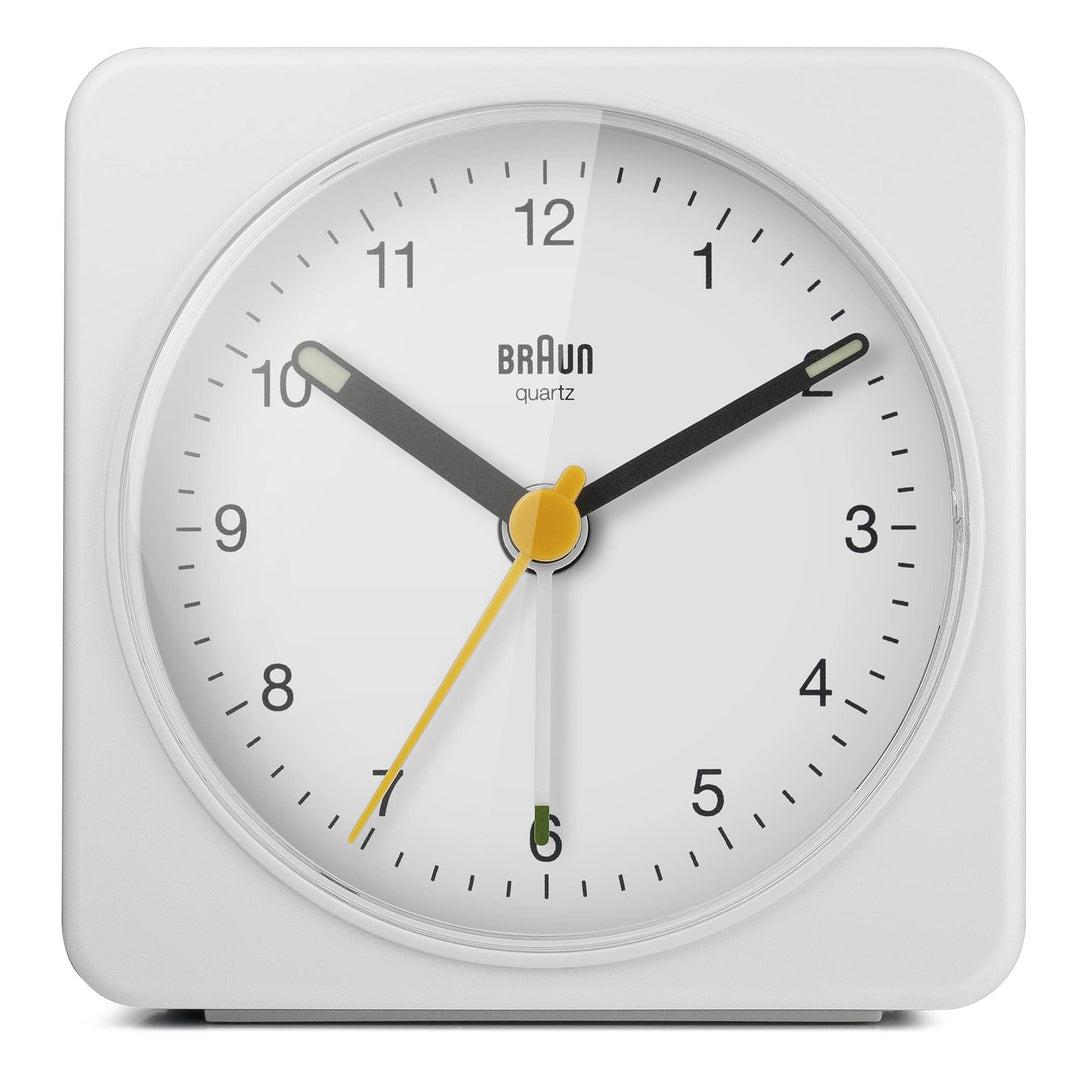 Braun Classic Analogue Alarm Clock with Snooze and Light, Quiet Quartz Sweeping Movement, Crescendo Beep Alarm in White, Model BC03W.