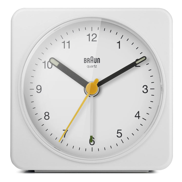 Braun Classic Analogue Alarm Clock with Snooze and Light, Quiet Quartz Sweeping Movement, Crescendo Beep Alarm in White, Model BC03W.