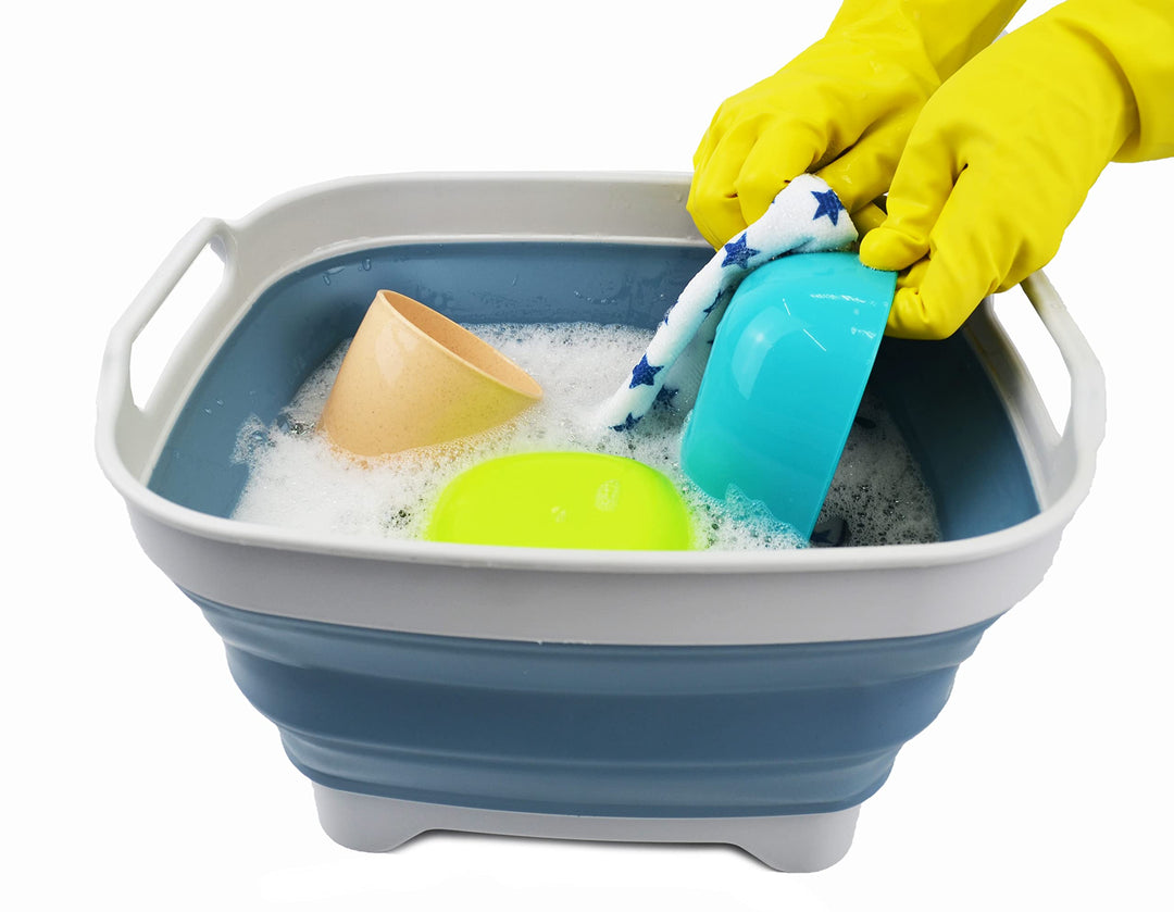 7.5L (2 Gallons) Collapsible Dishpan with Draining Plug - Foldable Washing Basin - Portable Dish Washing Tub - Space Saving Kitchen Storage Tray (Grey/Steel Blue, 1)