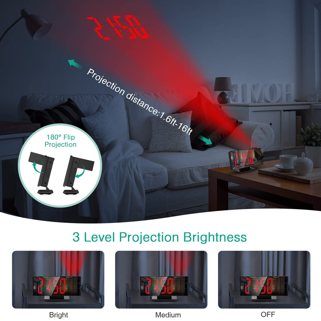Projection Alarm Clock, LED Electronic Alarm Clock, Mirror Alarm Clock for Bedroom, with Large Display, Temperature, Adjustable Brightness, Snooze