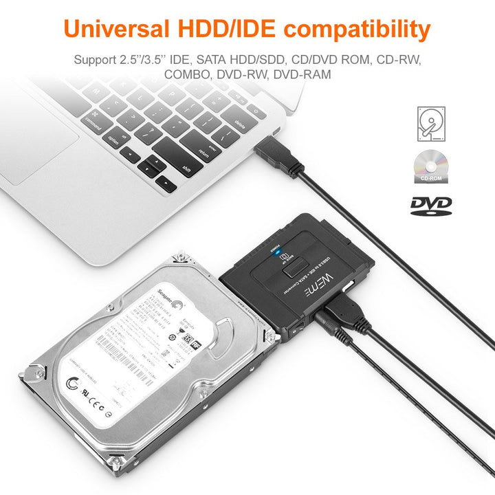 USB 3.0 to SATA/IDE Adapter with Universal 2.5/3.5 Hard Drive Disk Converter for HDD/SSD &amp; IDE HDD Support 6TB and One-Touch Backup Include 12V 2A Power Adapter + USB 3.0 Cable for Laptop