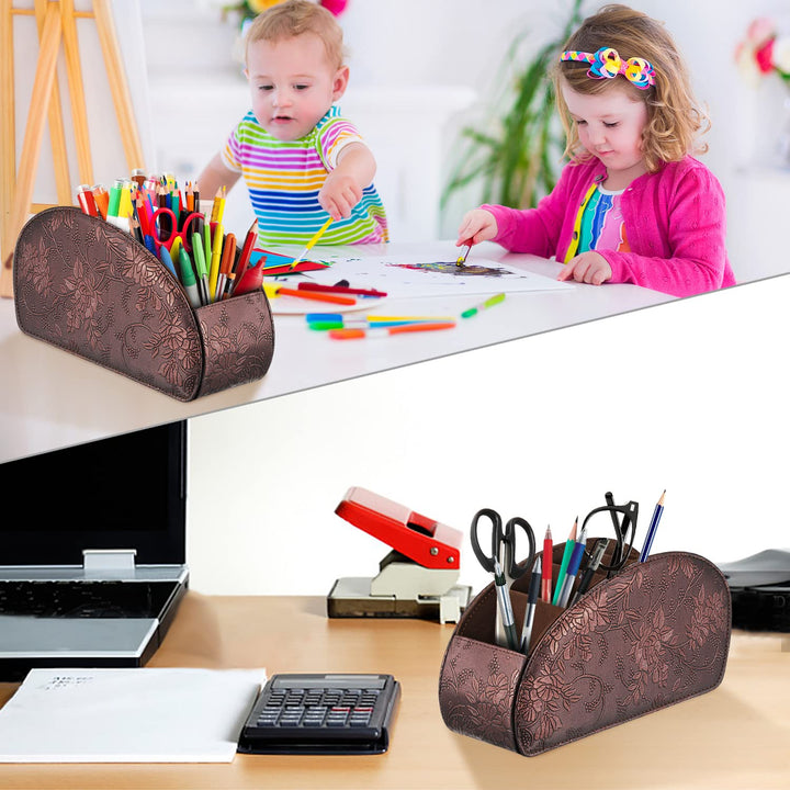 Remote Control Holder with 5 Compartments - PU Leather Remote Caddy Desktop Organizer Store TV, DVD, Blu-Ray, Media Player, Heater Controllers, Antique