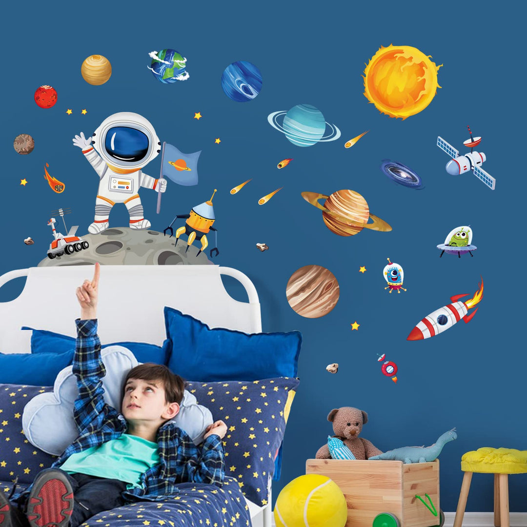 Outer Space Astronaut Wall Stickers Planets Rocket Peel and Stick Wall Art Decals for Baby Nursery Kids Bedroom Playroom