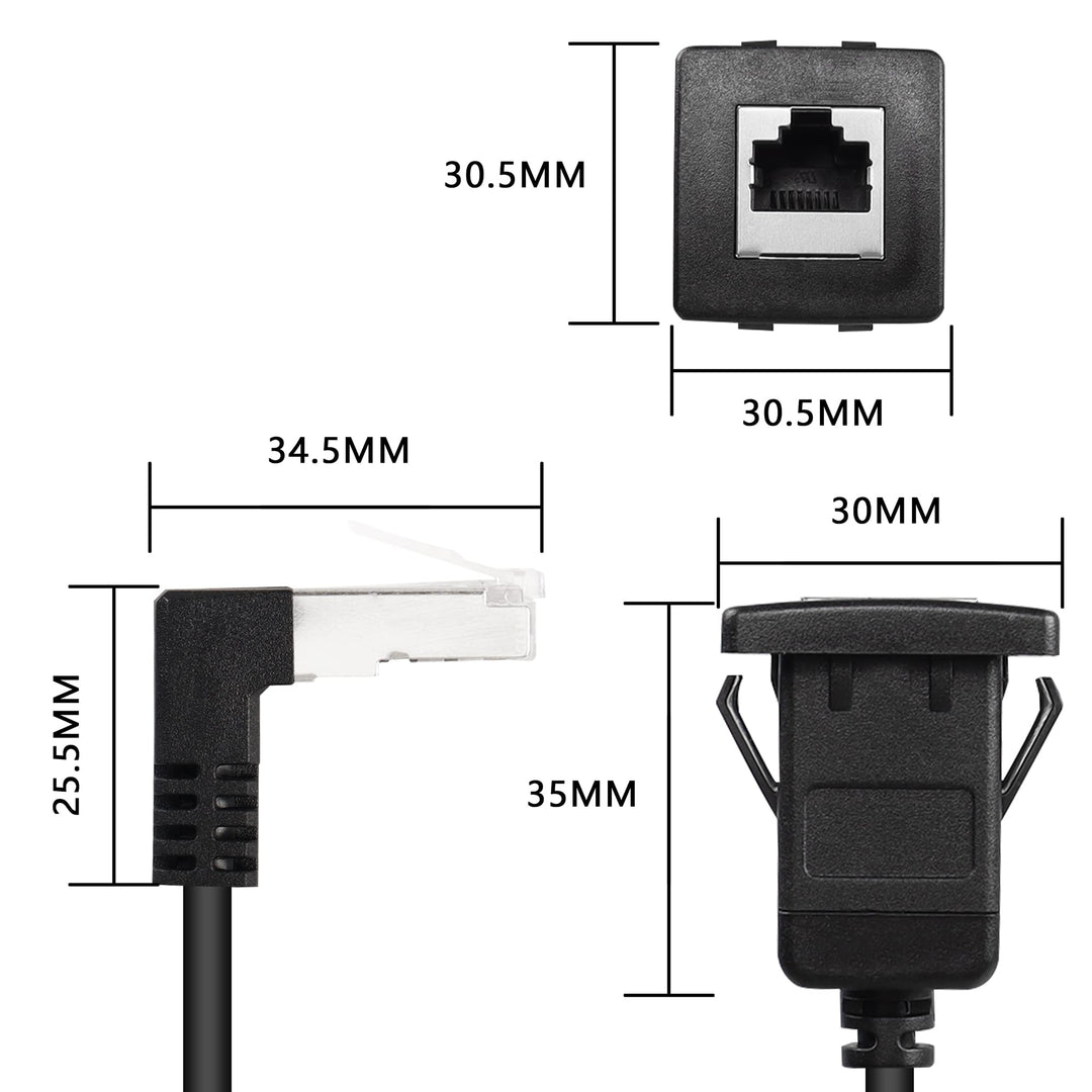 6.5Ft 90 Degree Cat5 Ethernet Panel Mount Cable, Down Angle RJ45 Male to Female Panel Mount CAT5e/5 Shielded Network LAN Extender Cord for Desk, Wall, Chassis Panel -Black-Down-2M