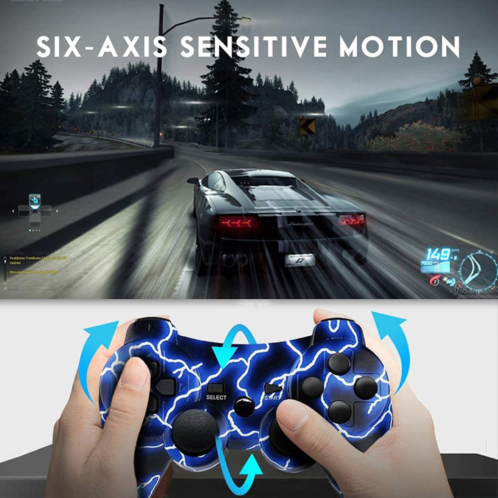 PS3 Controller Wireless 2 Pack Double Shock Gamepad for PlayStation 3 Remotes, Six-Axis Wireless PS3 Controller with Charging Cable, Blue+ Purple