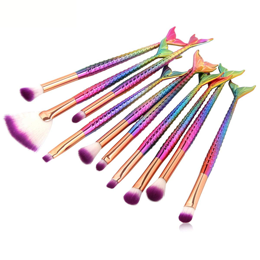 LHEI New 10 Pcs Mermaid Makeup Brush Set Professional Eye Makeup Brushes For Eyeshadow Concealer Eyeliner Brow Blending Brush Tool