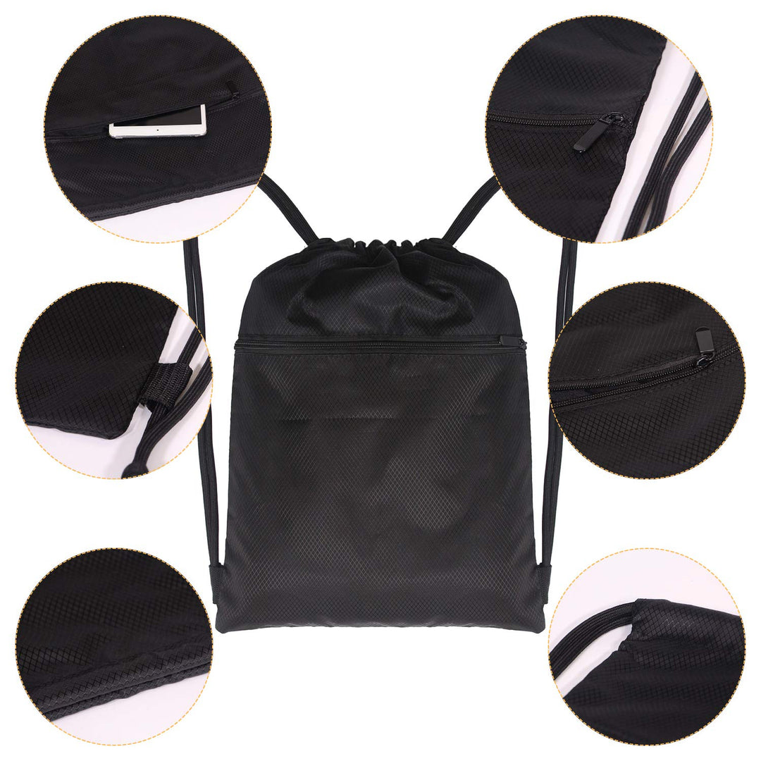 Drawstring Strings Bags with Pocket Sports Athletic Travel Gym Cinch Sack Lightweight Backpack for Men and Women, Black