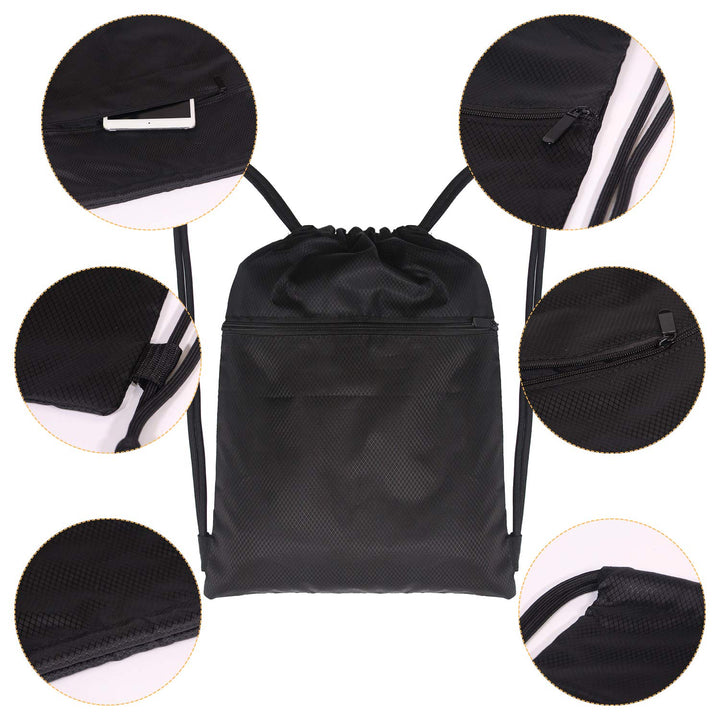 Drawstring Strings Bags with Pocket Sports Athletic Travel Gym Cinch Sack Lightweight Backpack for Men and Women, Black