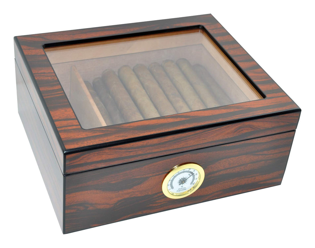 Cigar Humidors Storage 25-50 Cigars Case, Tempered Glass Top Display, Handcraft Spanish Cedar Wood Desktop Cigar Box with Divider, Humidifier and Hygrometer, Gift for Man, Macassar Brown