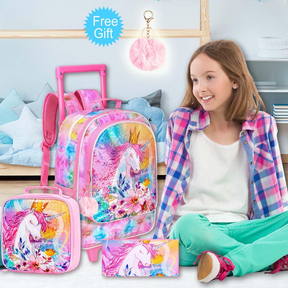 4PCS Kids Rolling Backpack for Girls, Unicorn Sequin Roller Wheeled Bookbag Toddler Elementary School Bag with Wheels
