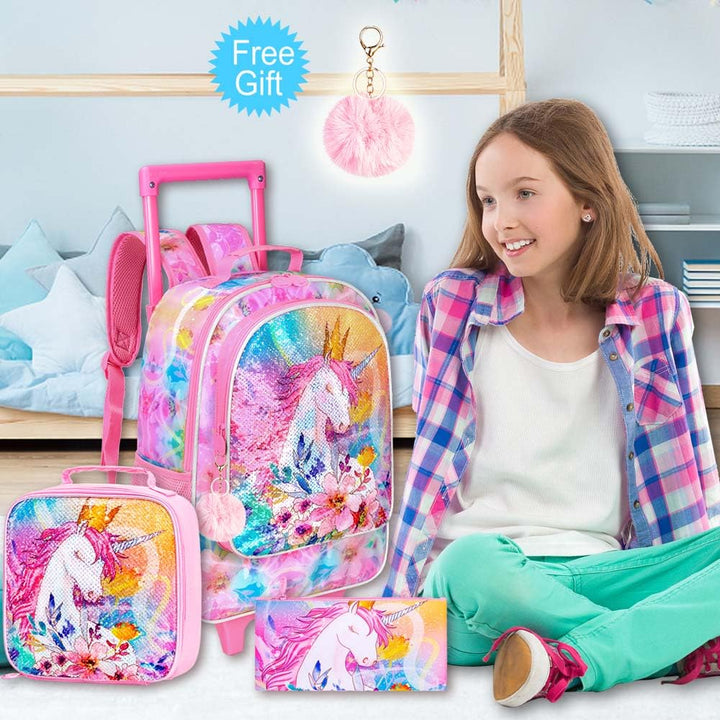 4PCS Kids Rolling Backpack for Girls, Unicorn Sequin Roller Wheeled Bookbag Toddler Elementary School Bag with Wheels