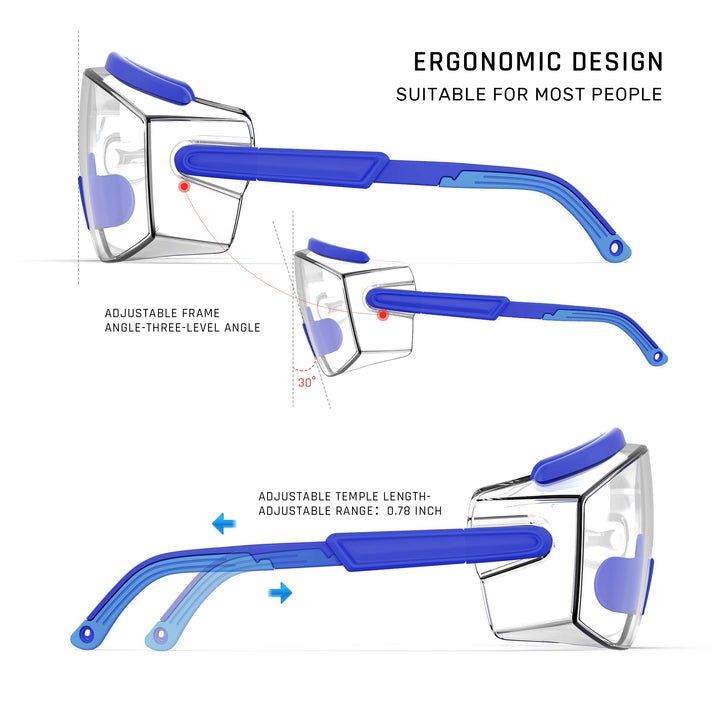 Anti Fog Safety Glasses Safety Goggles Over Glasses Protective Glasses with Anti Scratch Lenses Adjustable Frame And Temples,Clear, Lab Eyewear Goggles for men &amp; Women(Blue 1 Pair)