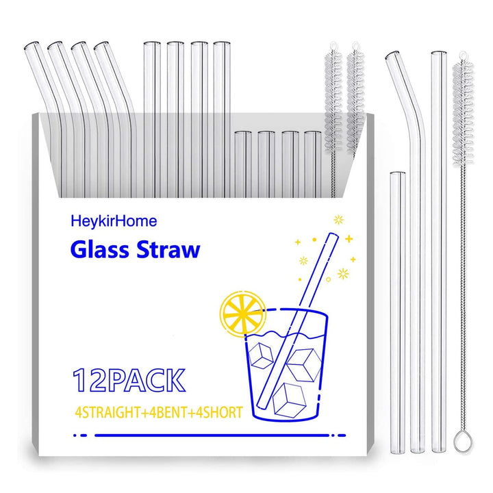 12-Pack Reusable Glass Straws ,4 Pack Straight 8&#39;&#39;x10 MM+ 4 Pack Bent 8&#39;&#39;x10 MM+4 Pack Short 5”x10 MM with 2 Cleaning Brush- Perfect For Smoothies, Tea, Juice