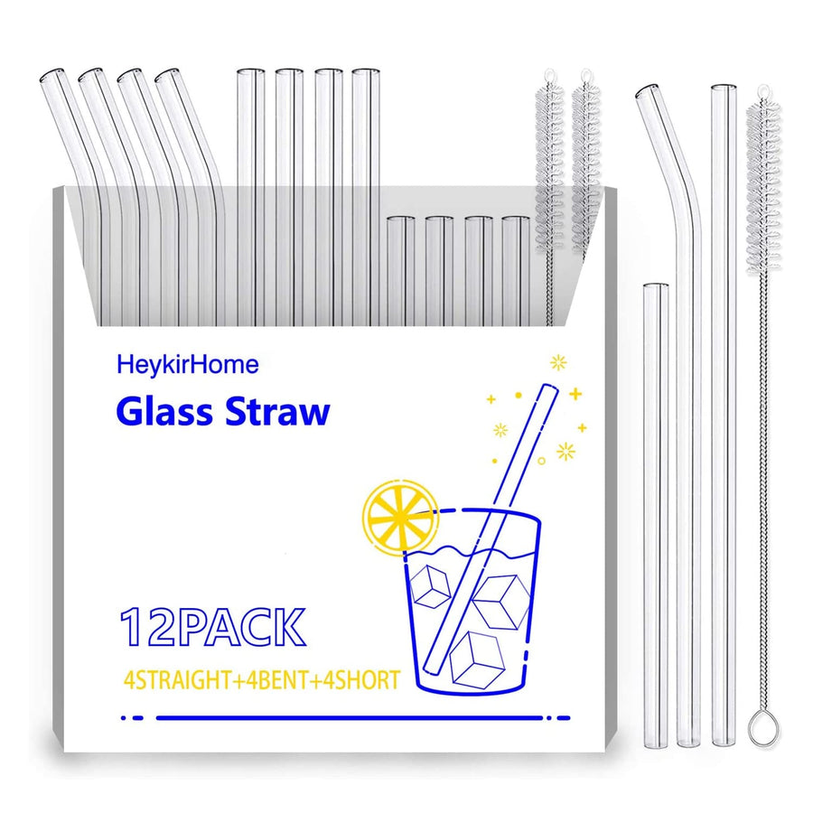 12-Pack Reusable Glass Straws ,4 Pack Straight 8''x10 MM+ 4 Pack Bent 8''x10 MM+4 Pack Short 5”x10 MM with 2 Cleaning Brush- Perfect For Smoothies, Tea, Juice