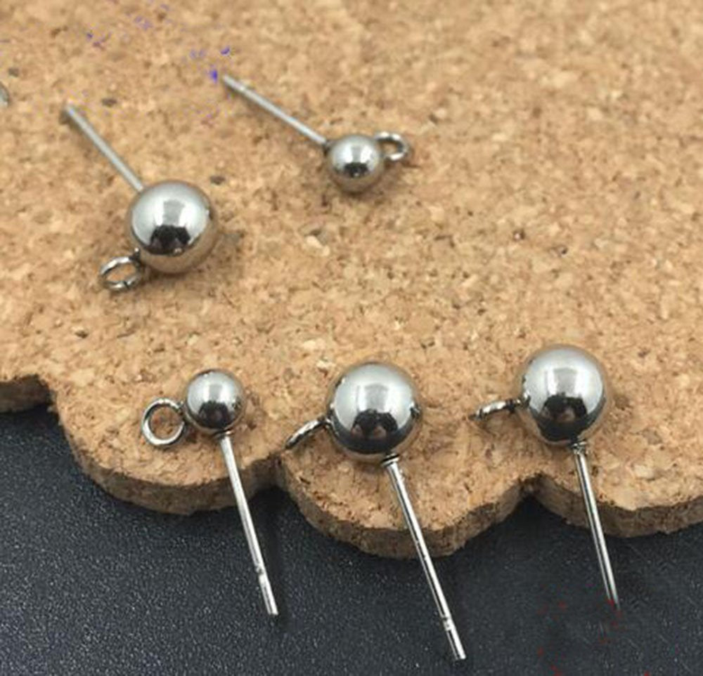 100 Round Ball with Ring Iron Earrings Posts for Jewelry Earring Making Findings (Silvertone, 6mm)