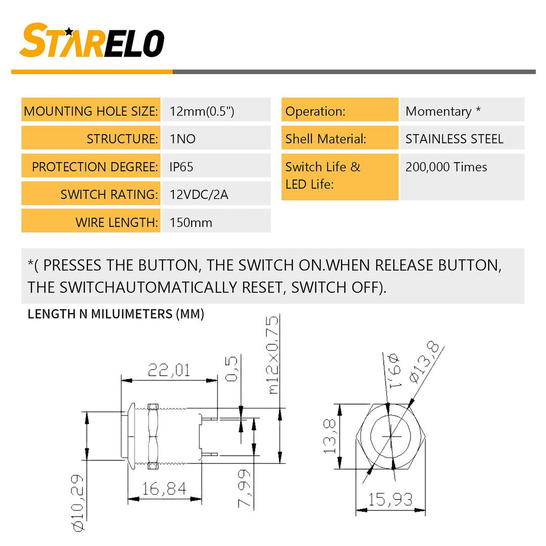 5pcs 12mm Momentary Push Button Switch Silver Shell with pre-Wiring, IP65 Waterproof Push Button Switch,Stainless Steel 1 Normally Open Without LED.
