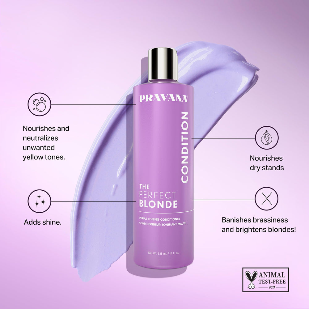 Pravana The Perfect Blonde Purple Toning Conditioner | Neutralizes Brassy, Yellow Tones | For Color-Treated Hair | Adds Strength, Shine, Elasticity | 11 Fl Oz