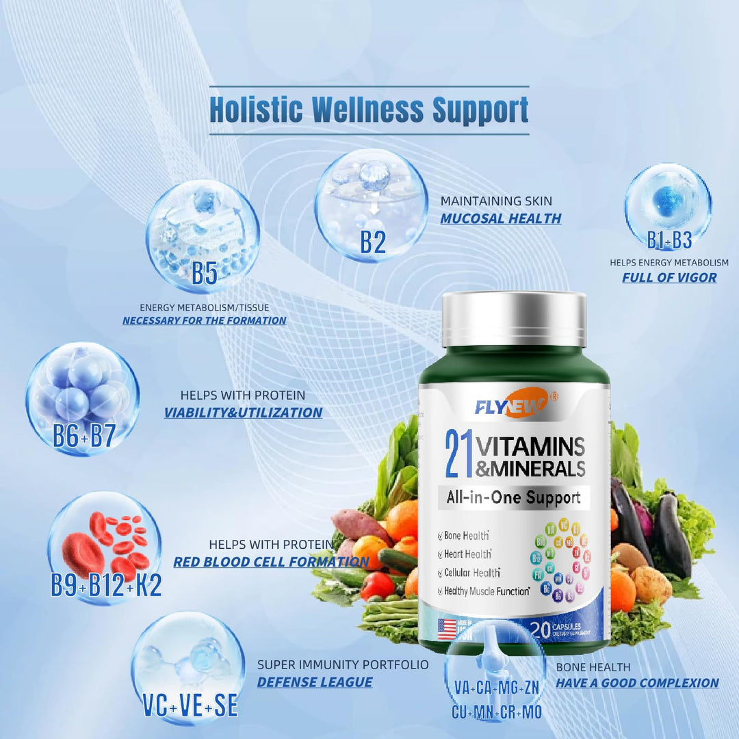 21 Vitamins &amp;Minerals All-in-One Support, Multivitamin, Vitamin A, K2, D3,. Calcium, Zinc, Made in USA 20 Capsules