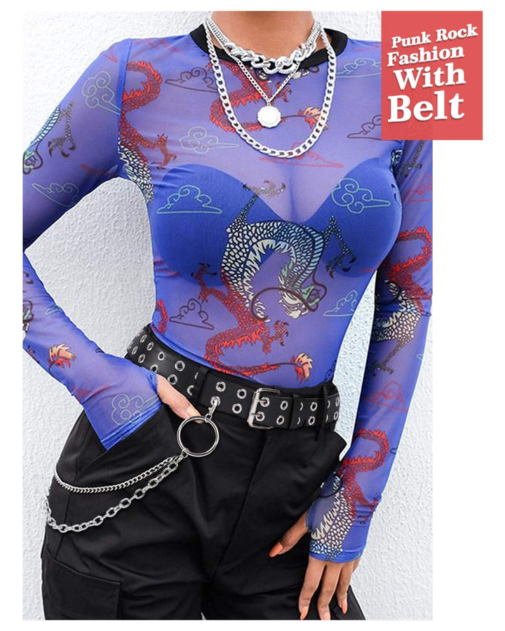 Double Grommet Leather Belt with Detachable Chain for Women Men,Punk Black Belt with Double Studded Holes for Jeans