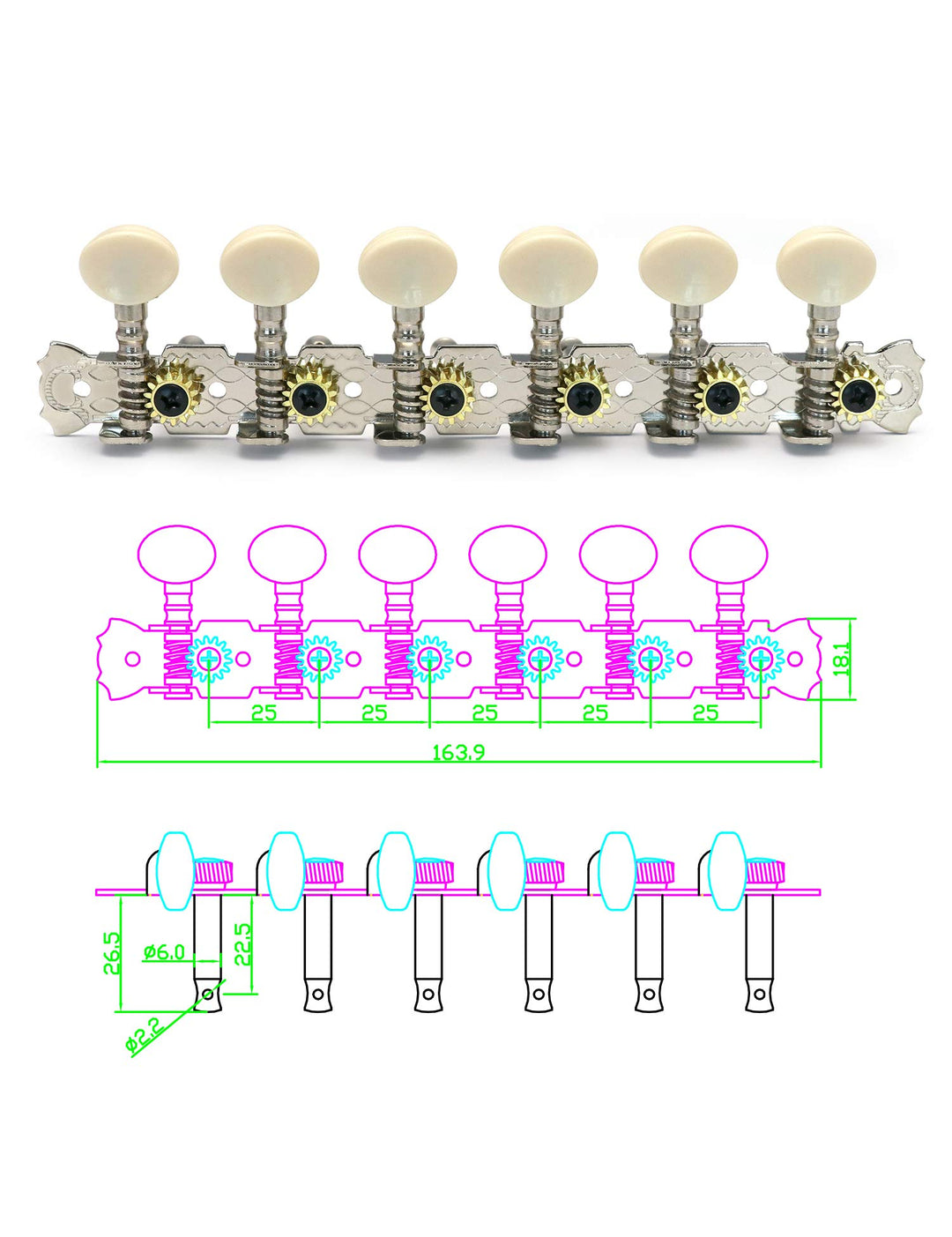 12 Strings Acoustic Guitar Tuning Pegs Chrome Plated Machine Heads Single Hole 6L 6R.