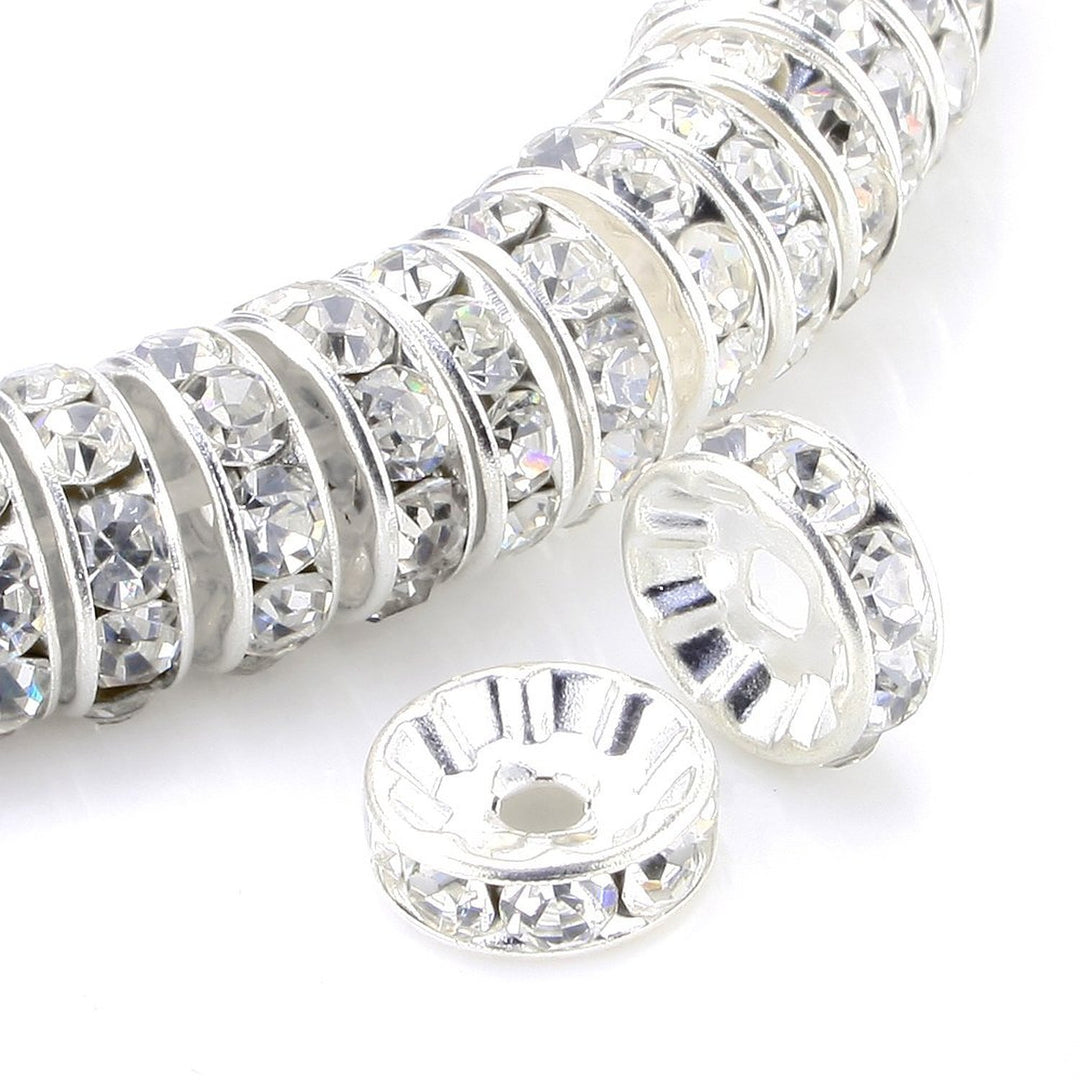 100Pcs Rondelle Spacer Beads 8mm Silver Plated Czech Crystal Rhinestone for Jewelry Making Loose Beads for Bracelets