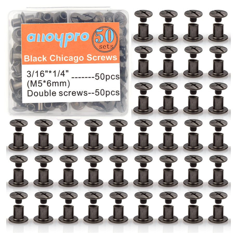Alloypro 100 Pcs Black Metal Chicago Binding Screws Assorted Kit Nail Rivet Chicago Button DIY Leather Decoration Bookbinding Round Flat Head Stud Screw M5x6mm