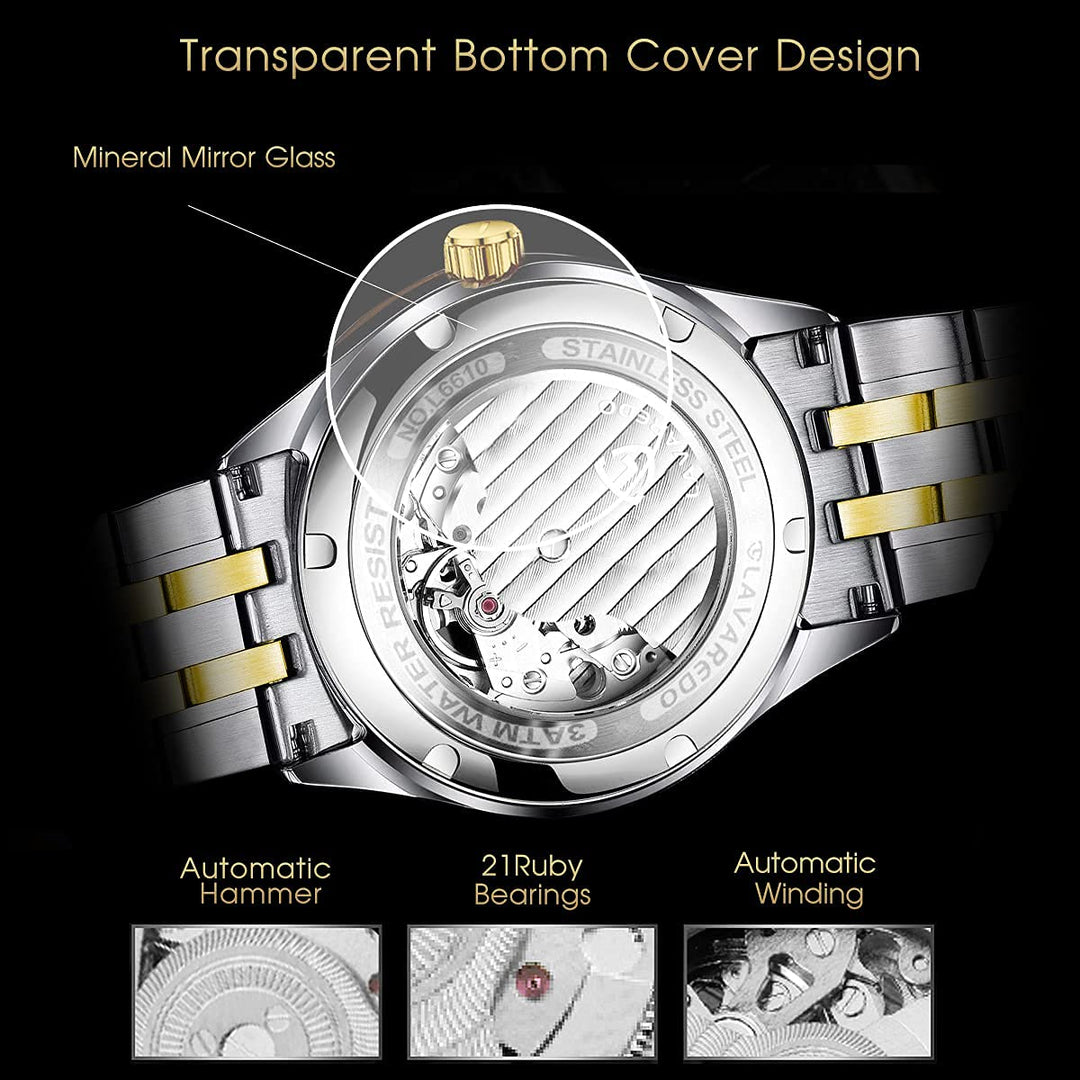 Mens Watch Skeleton Luxury Mechanical Stainless Steel Waterproof Black Automatic Self-Winding Roman Numerals Diamond Dial Wrist Watch