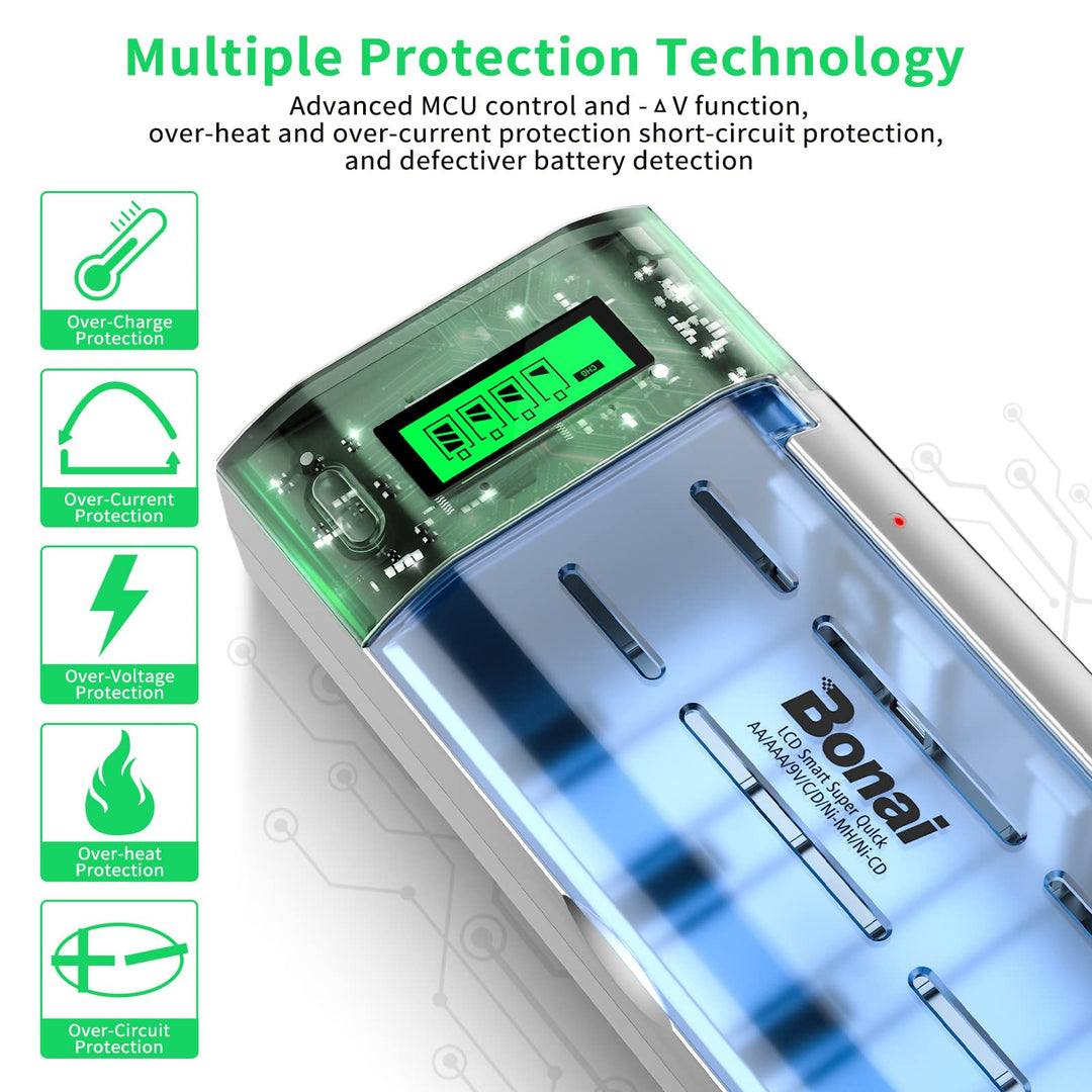 LCD Battery Charger for C D AA AAA 9V NiMH NiCD Rechargeable Batteries with Discharge Function and AC Plug Fast Charging
