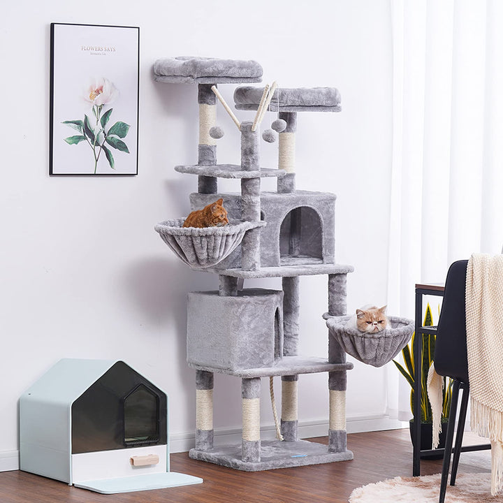 Cat Tree,Cat Tower,Cat Condo with Scratching Posts,Basket,2 Caves,2 Plush Perches,Activity Center with Removable Fur Ball Sticks,Light Grey MPJ027W