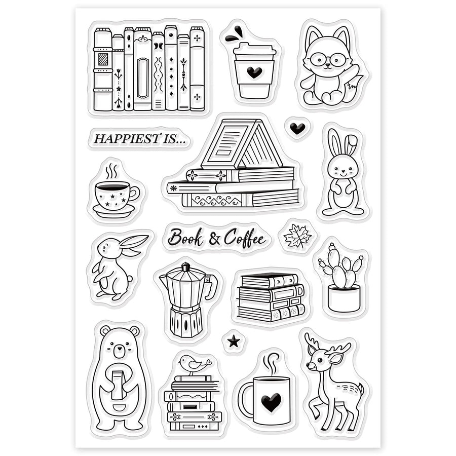 Animals and Books Silicone Clear Stamps with Coffee Cups Shape for Card Making DIY Scrapbooking Photo Album Decoration Paper Craft,6.3x4.3 Inches