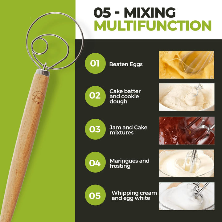 Premium Original Danish Dutch Whisk for Better Batter and Bread Dough Recipes, Stainless Steel/Beechwood, Includes Cleaning Brush, Large, 13.5 L