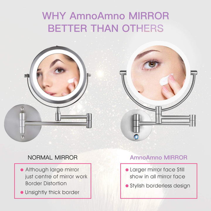 AmnoAmno Vanity Mirror 8.5 LED Double Sided Swivel Wall Mount Makeup Mirror with 10x Magnification,13.7 Extension,Touch Button Adjustable Light,Suitable for Bedroom or Bathroom