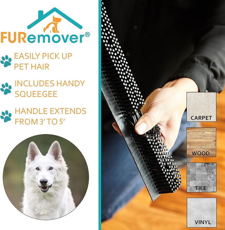 Original Pet Hair Rubber Broom with Squeegee, with 58 Telescopic Handle for Carpet, Tile and Hardwood