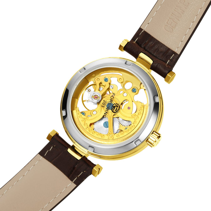 Skeleton Automatic Steampunk Watches Gold-Tone Luminous Hands Leather Strap Wrist-Watch (Gold)