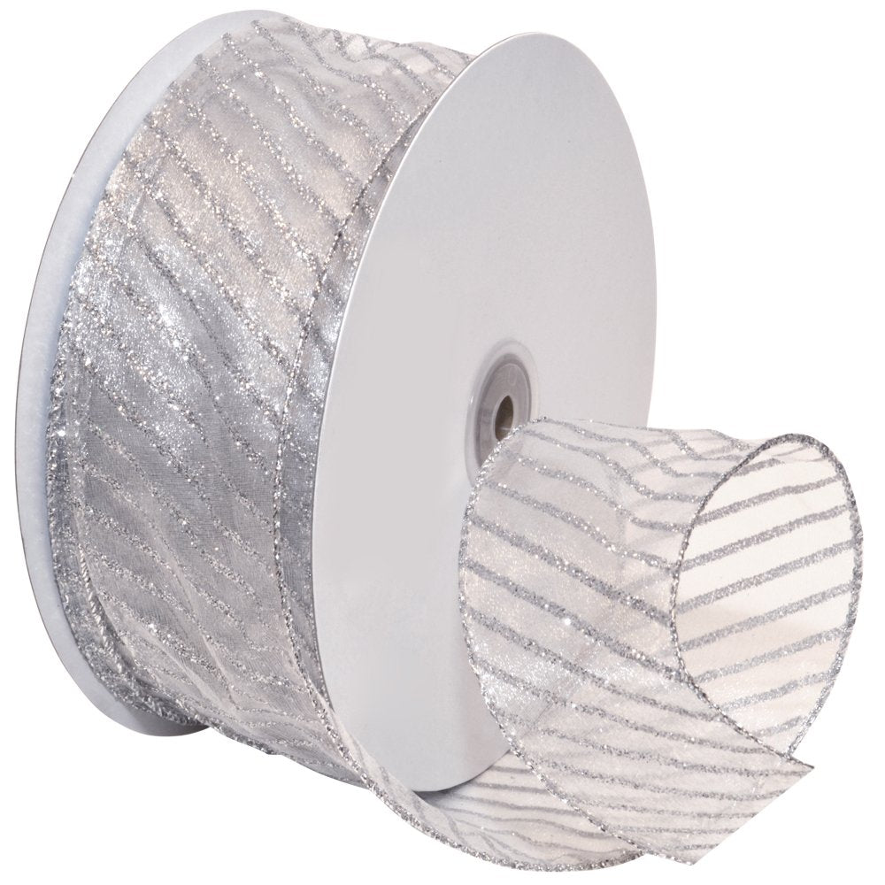 Striped Wired Sheer Glitter Organza Ribbon, 2-1/2-Inch by 50-Yard Spool, Multiple Colors, 2.5 Inch x 50 Yard, White/Silver (7418.60/50-701)