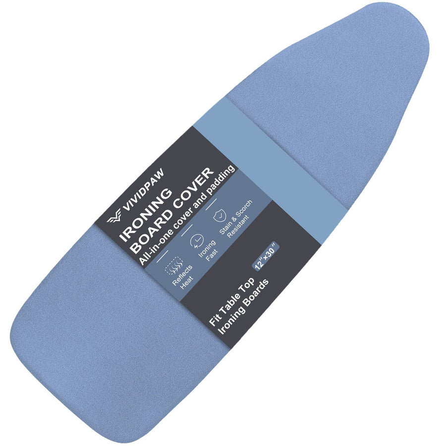 Small Ironing Board Cover and Pad 12.5 x 30, Elastic Edge, Silicone Coated, Resist Scorching, Heavy Duty Padded Cover for Mini Table Top Iron Board (Silicone Coating-Blue, 12 x 30)
