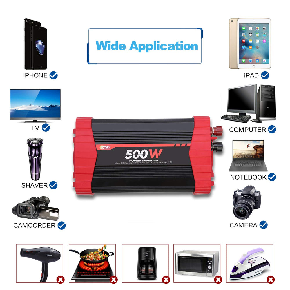 500W Power Inverter, Car Power Inverter DC 12V to 110V AC Car Inverter Converter 4 USB Quick Charging Ports and Dual AC Outlets Car Charger Adpater with Cigarette Lighter Cable and Battery Clamps