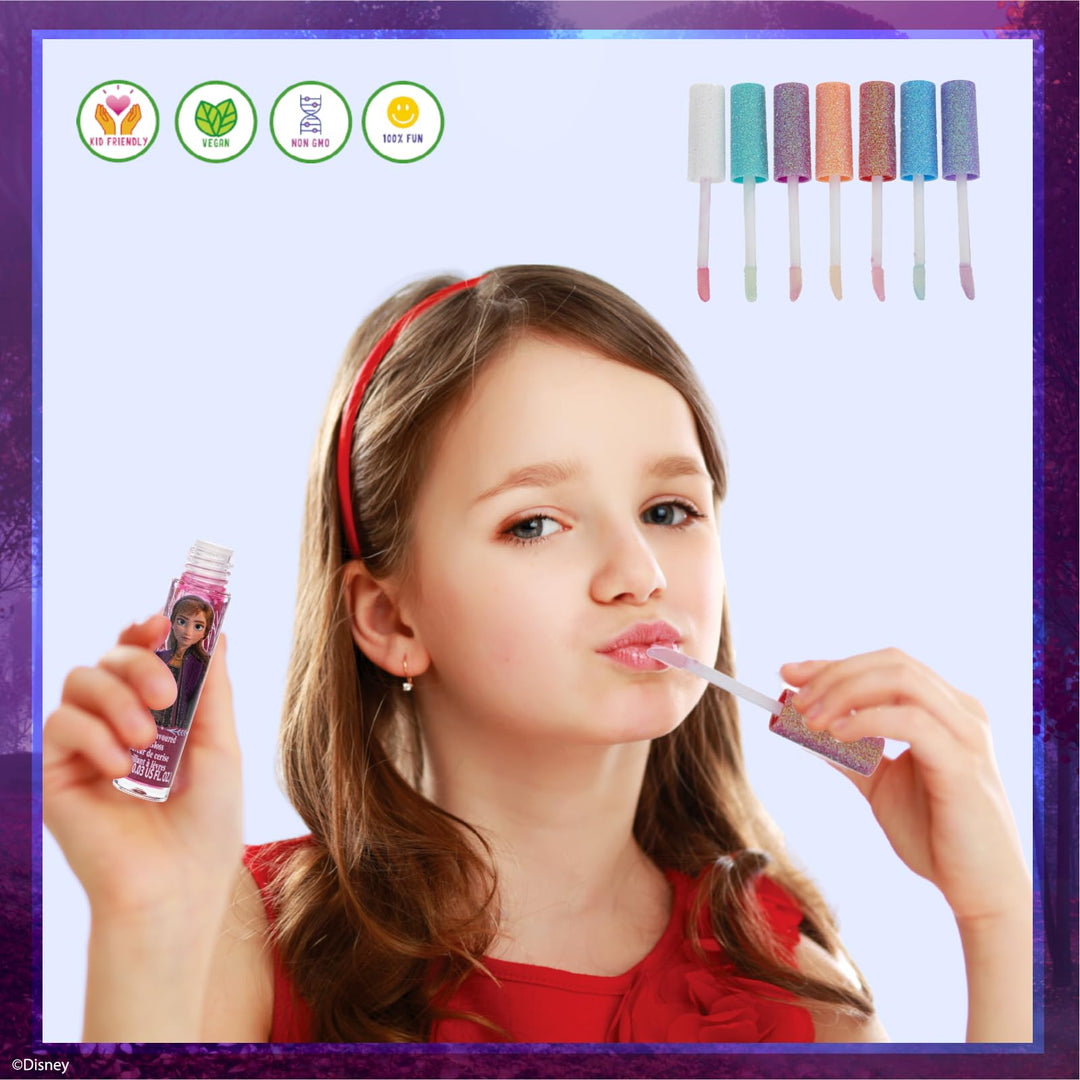 Disney Frozen Plant Based Vegan 7 PC Flavored Lip Gloss Set For Girls – Ideal for Sleepovers, Makeovers, Party Favors and Birthday Gifts! - Age: 3+