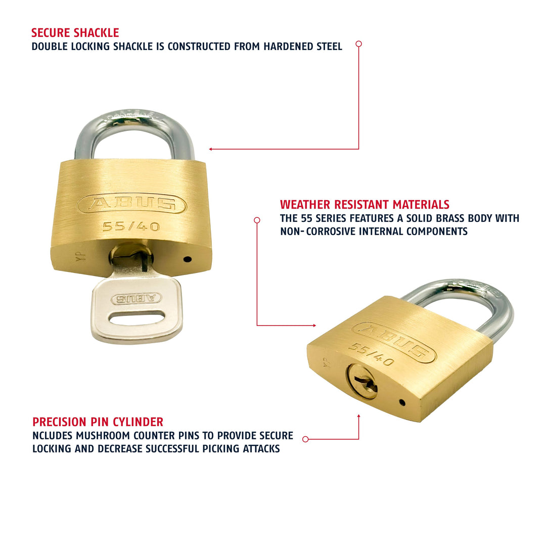 55/40 Solid Brass Keyed Padlock with 2 Keys, Hardened Steel Shackle with Anti Corrosion Inner Lock Components, Keyed Different