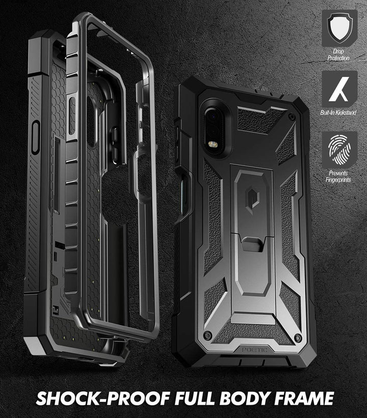 Spartan Series for Samsung Galaxy XCover Pro (2020) Case, Full-Body Rugged Dual-Layer Metallic Color Accent Leather Texture Shockproof Protective Cover with Kickstand, Metallic Gun Metal