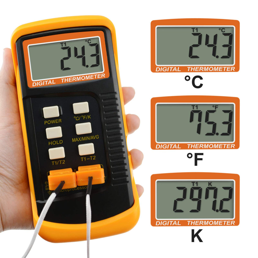 Digital K-Type Thermometer Dual Channel Thermocouple Thermometer with 2 Thermocouples, Measuring Range: -50 to 1300°C (-58 to 2372°F), High-Temperature Meter Measurement Sensor