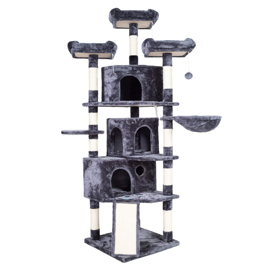 XL Cat Tree, 73.4 inch Cat Tower with 3 Caves, 3 Cozy Perches, Scratching Posts, Board, Activity Center Stable for Kitten/Big Cat, Gray MPJ032G