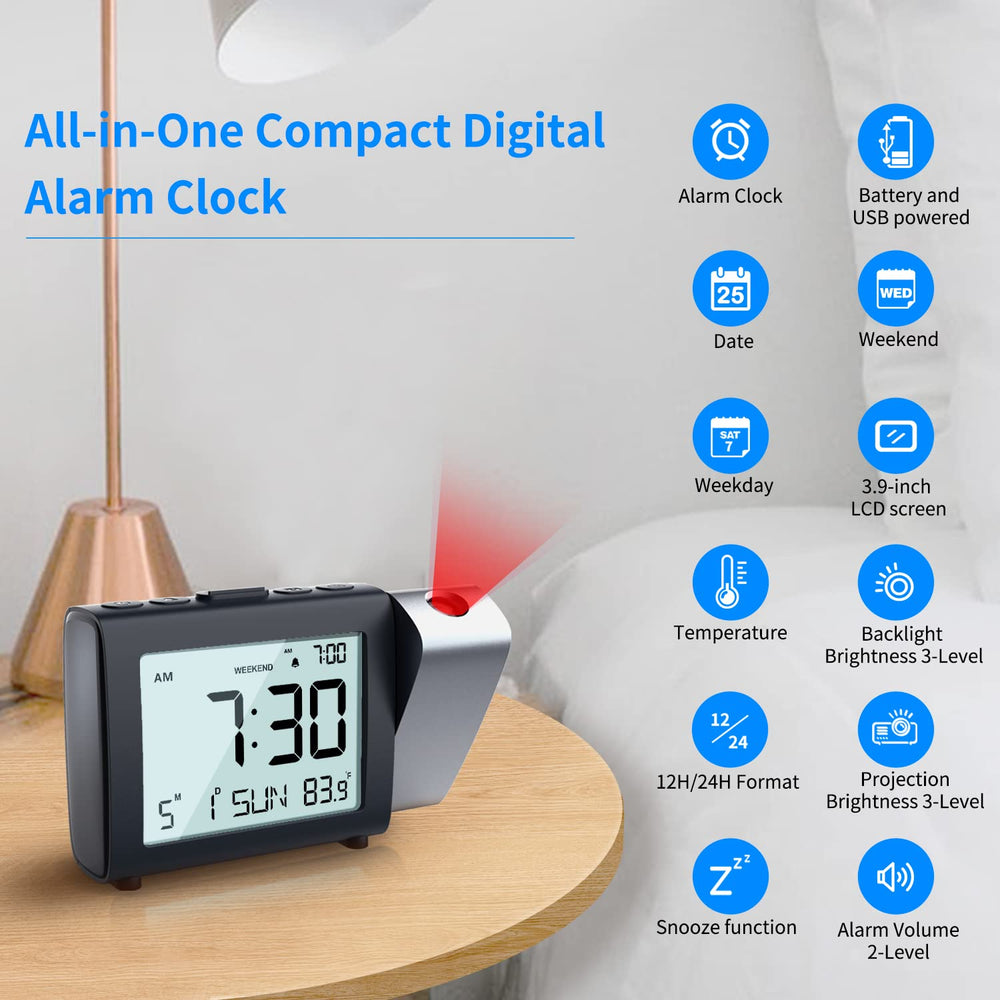 Projection Alarm Clock for Bedroom: Digital LCD Clock with Temperature Date Snooze 12/24H and Weekend Mode, Easy Set Dimmer Clock with 2-Levels Volume, Mains and Battery Operated