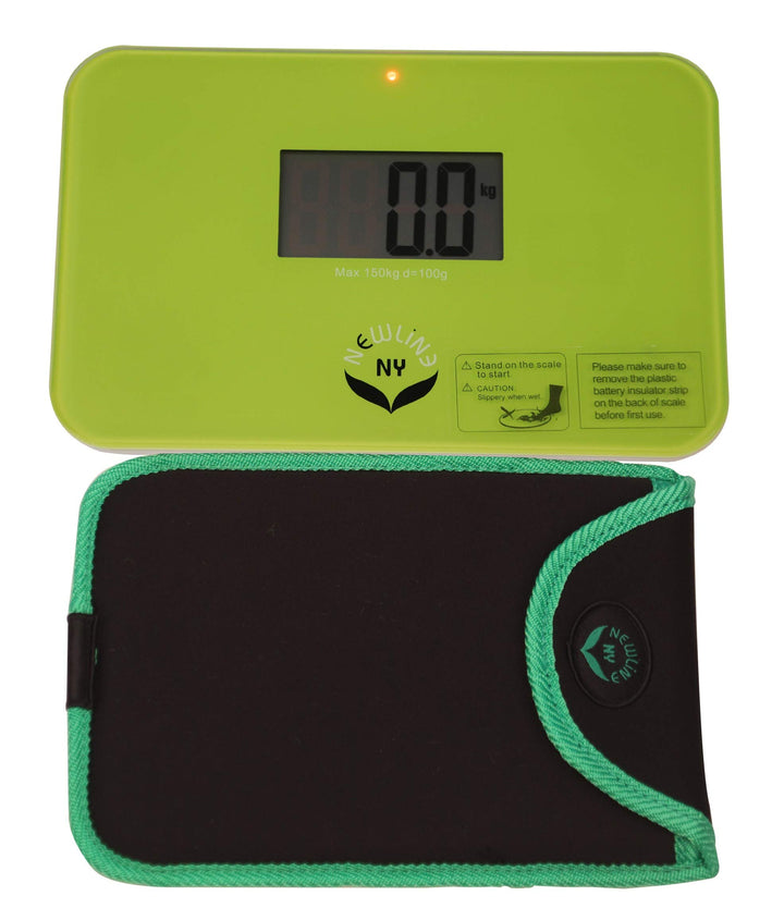 NewlineNY Step On Super Mini Travel Bathroom Scale with Trip Protection Sleeve: SBB0638SM-GN (Green) + NY-SMS-S001-BG