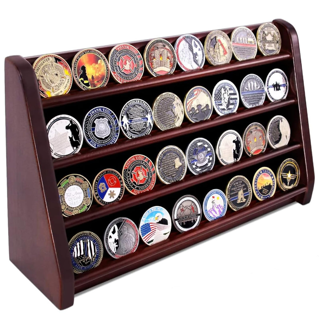 4 Rows Military Wooden Challenge Coin Display Case Wall Mountable Army Coin Holder Stand Rack, Holds 32 Coins, Mahogany