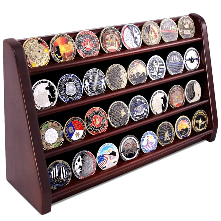 4 Rows Military Wooden Challenge Coin Display Case Wall Mountable Army Coin Holder Stand Rack, Holds 32 Coins, Mahogany