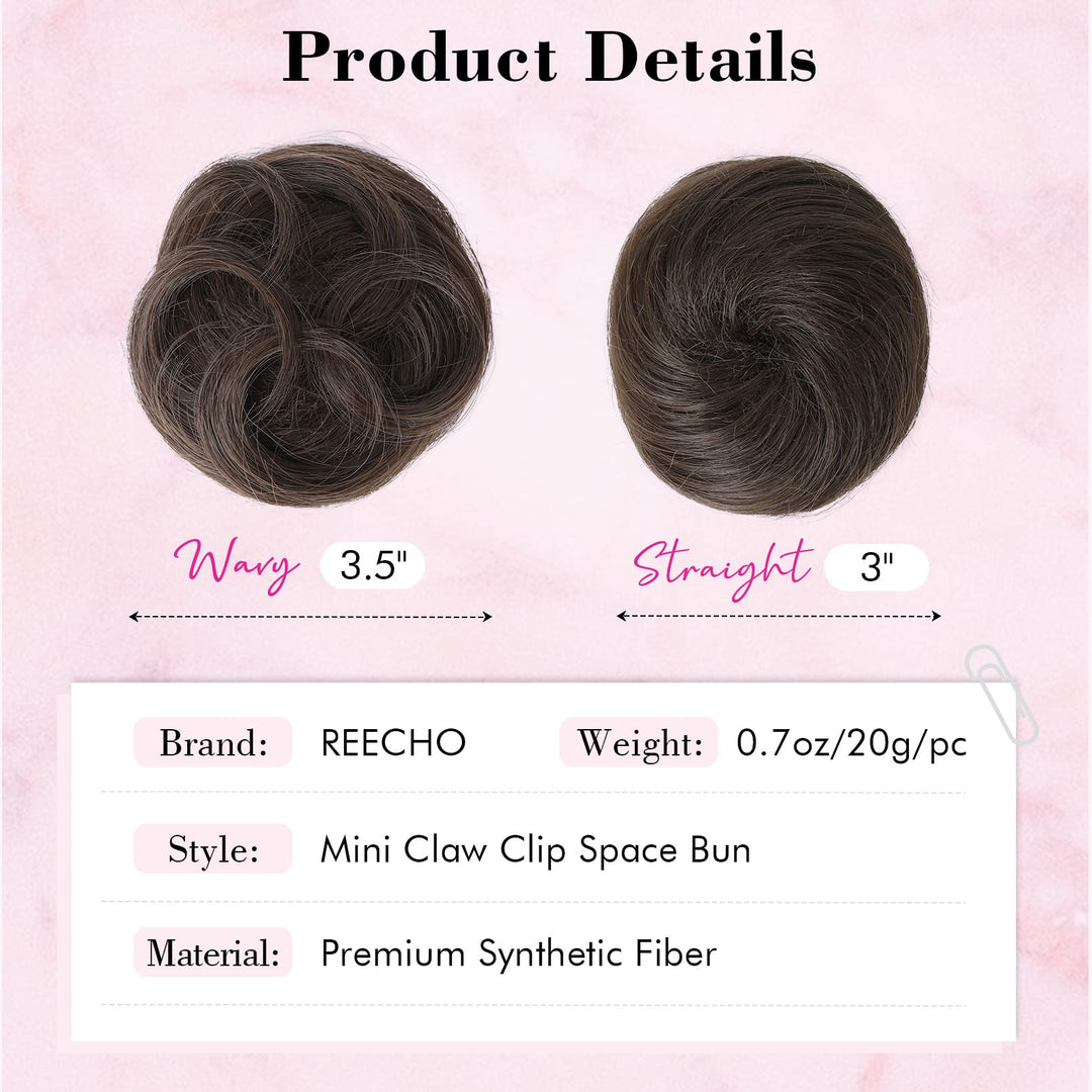 2 PCS Mini Claw Clip in Messy &amp; Cat Ears Hair Bun Extensions HB001 Wig Accessory Updo Hairpieces for Women Girls (Pack of 2-3 Straight, Ash Light Brown)