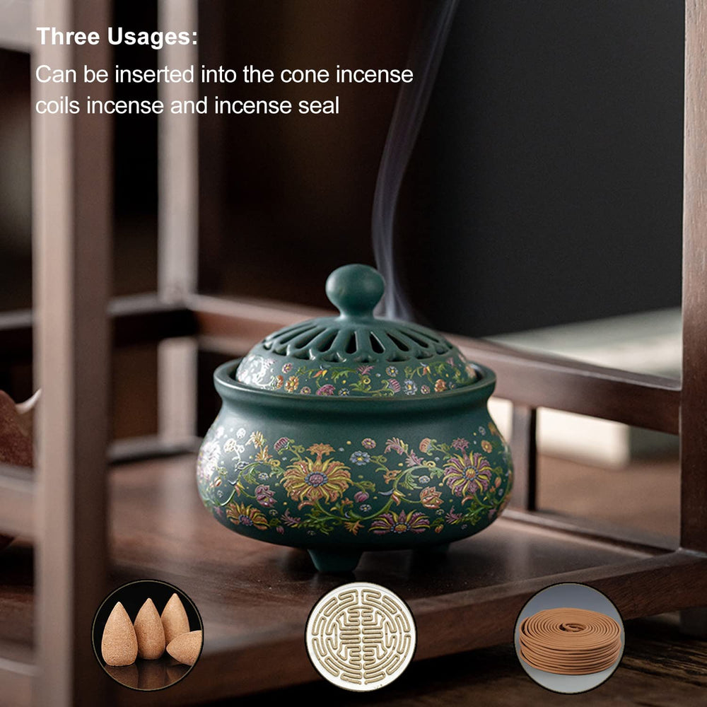 Ceramic Incense Burner with Incense Stick Holder + Insulation use for Stick or Coil Incense, Sage Cones and Frankincense, Incense Ash Catcher for Home Office Yoga Aromatherapy Ornament, Green