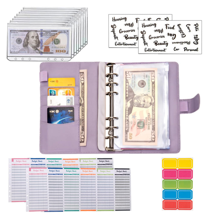 Budget Binder Cash Envelopes for Budgeting Money Organizer for Cash Money Envelopes for Cash Leather A6 Budget Binder with Zipper envelopes (Purple)